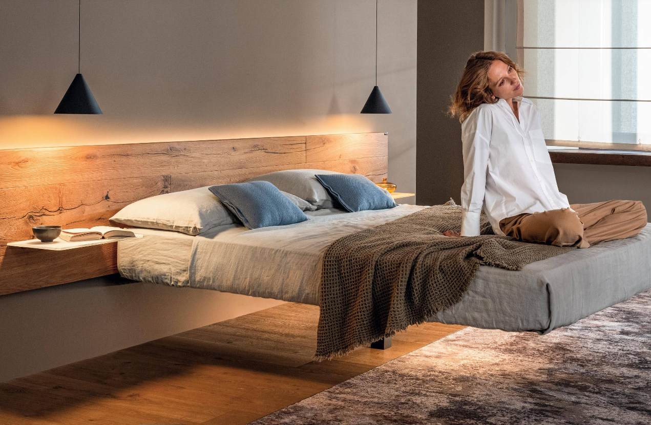 Letto Fluttua Lago con testata in legno rovere wilwood