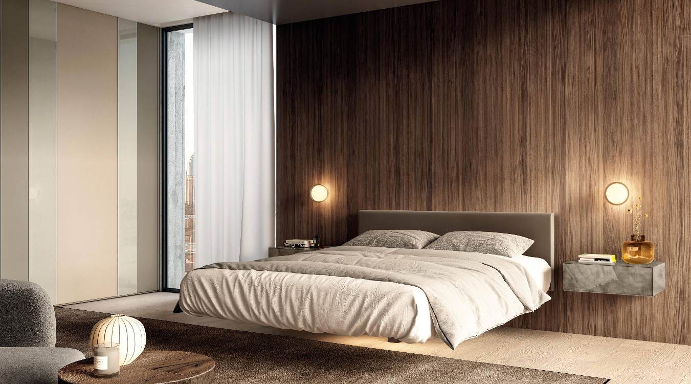 Letto Fluttua Lago con testata in pelle