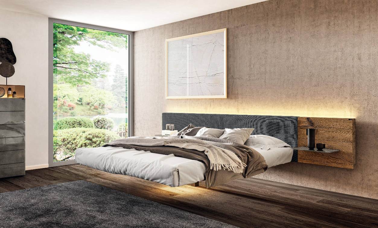 Letto Fluttua Lago con testata in tessuto e legno wilwood Bergamo