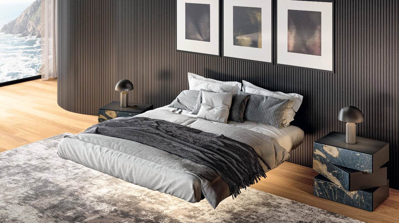 Letto Fluttua Lago senza testata con pianale accostato direttamente al muro