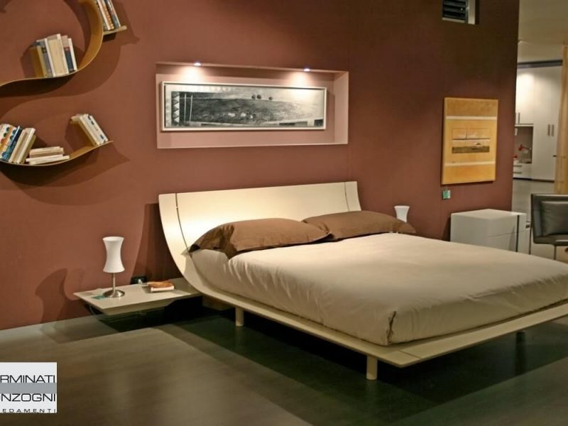 letto Aqua Presotto laccato corda con comodini a mensola con cassetto estraibile